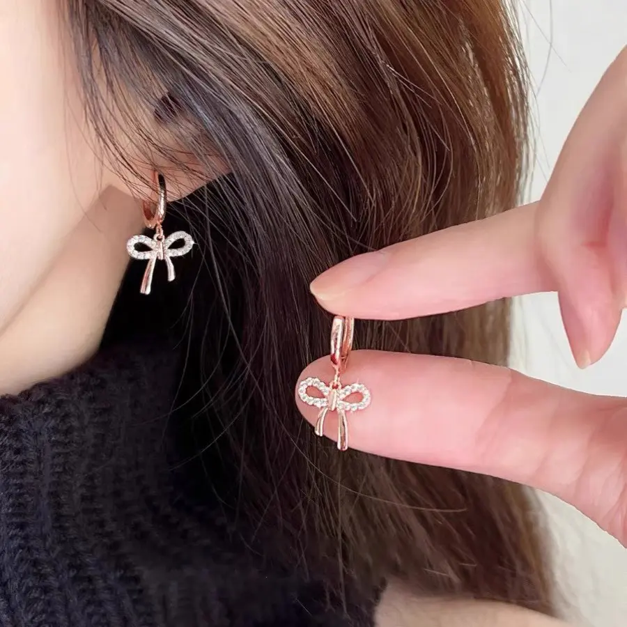 Rose Gold Bow Sterling Silver Earrings for Women Niche Design Graceful Earrings 2024 New Ear Ring