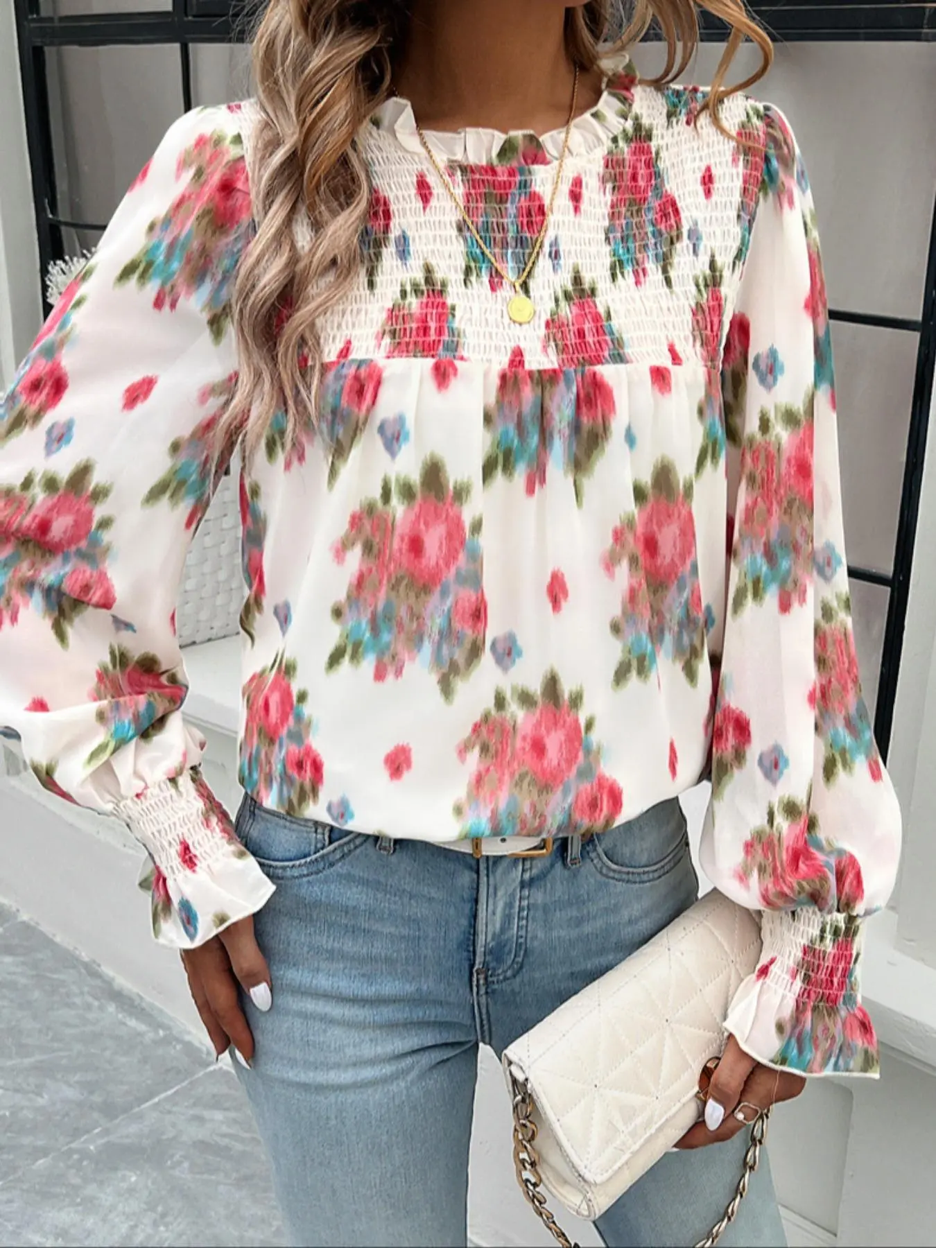 Women's Floral Print Lace Trim Blouse, Boho Casual Bishop Sleeve Round Neck Top for Spring & Fall, Women's Clothing for Daily Wear