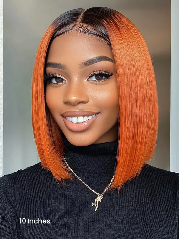 Orange Straight Human Hair Wigs, Glueless T Part Lace Front Wigs, Pre-Plucked Hairline, Natural Looking Wigs for Women 0