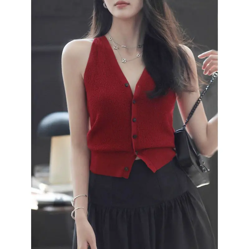 Wine Red Camisole Women's 2024 Summer New V-neck Slim-Fit Short Holder Knitted Outer Sleeveless Top lace  cami  tops  2000s