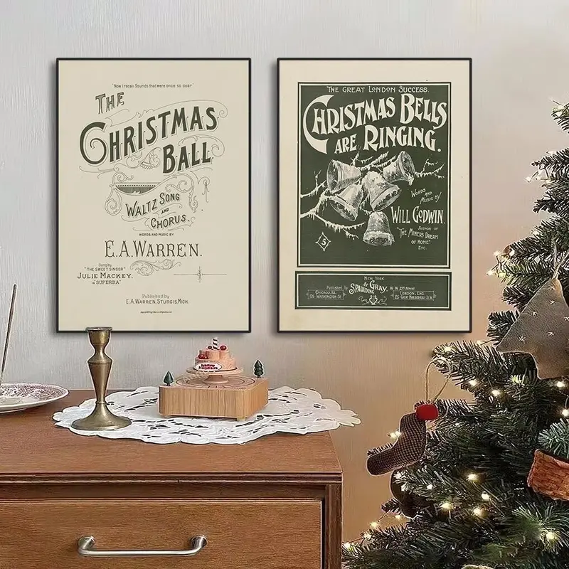 Vintage Christmas Bell Pattern Canvas Printing Painting without Frame, 2 Counts/set Wall Art Painting, Wall Art Decor for Home Living Room Bedroom Office 4