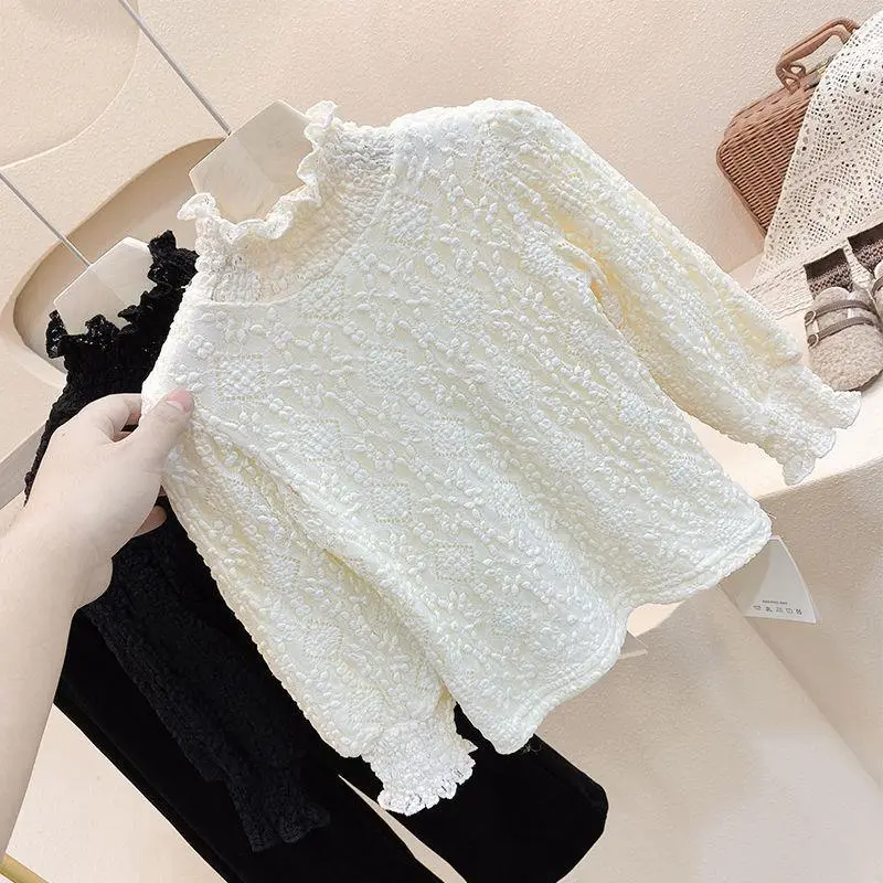 Quần Áo Trẻ Em, Mùa Thu Và Mùa Đông, Phong Cách Hàn Quốc Mới, Cổ Cao Trung Bình, Nhung Dày, Lớp Cơ Sở, Áo Ren Cho Bé Gái