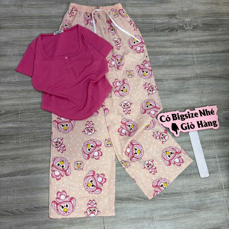 80.B32 Set bộ áo cổ tròn bầu có nút tay ngắn quần suông in hoạt hình labu quần chất đũi Kem Nữ Women Voi Top 4