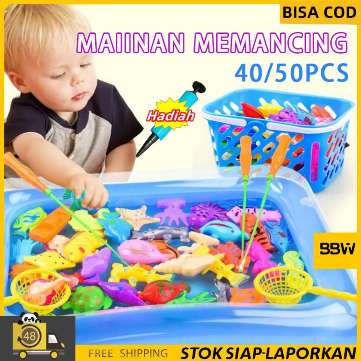 MAINAN PANCING IKAN MAGNET DAN KOLAM PANCINGAN MAGNET ANAK 50PCS pancing ikan MAGNET ELEKTRONIK pancingan Plastik Toys