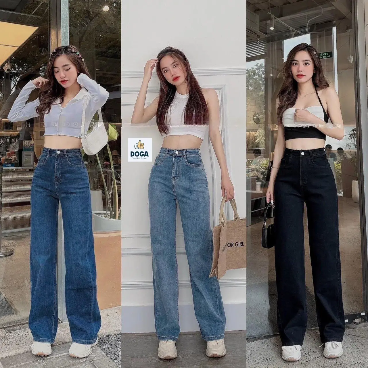 Quần jeans ống suông chất co giãn lưng cao 3 màu MQ11 Nữ Women Nữ Women Nữ Women Nữ Women Pants Voi