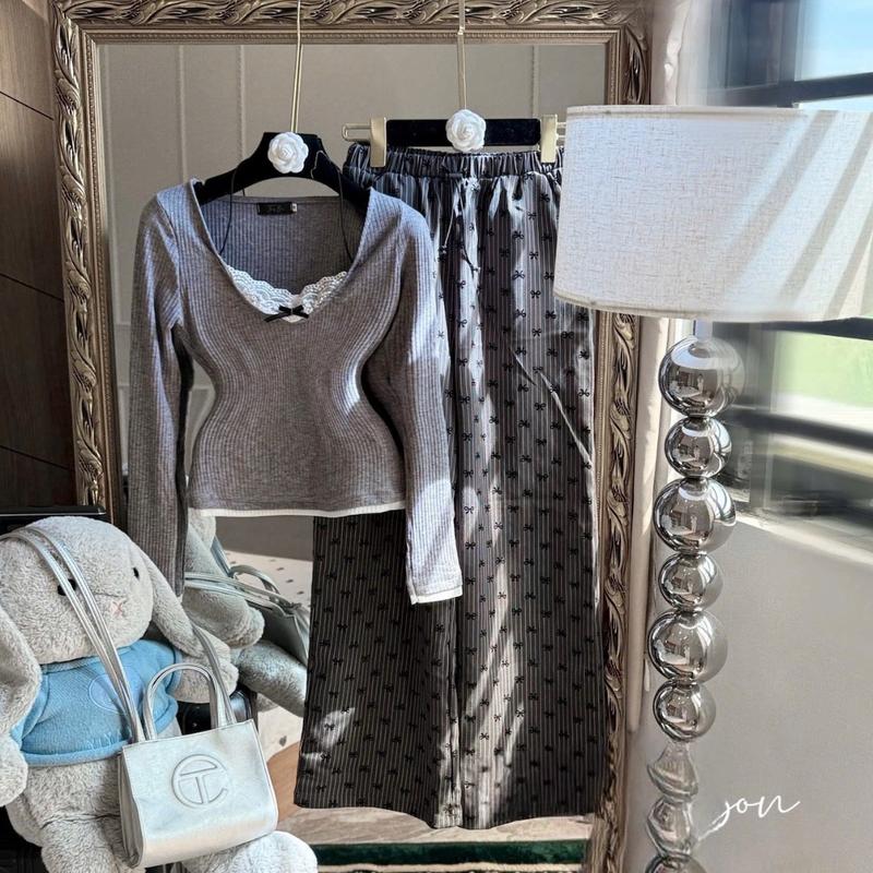 Set Áo Tay Dài Xám Phối Ren Trắng Viền Trắng Kèm Quần Suông In Nơ Mini - Nữ Women Top-X49 4