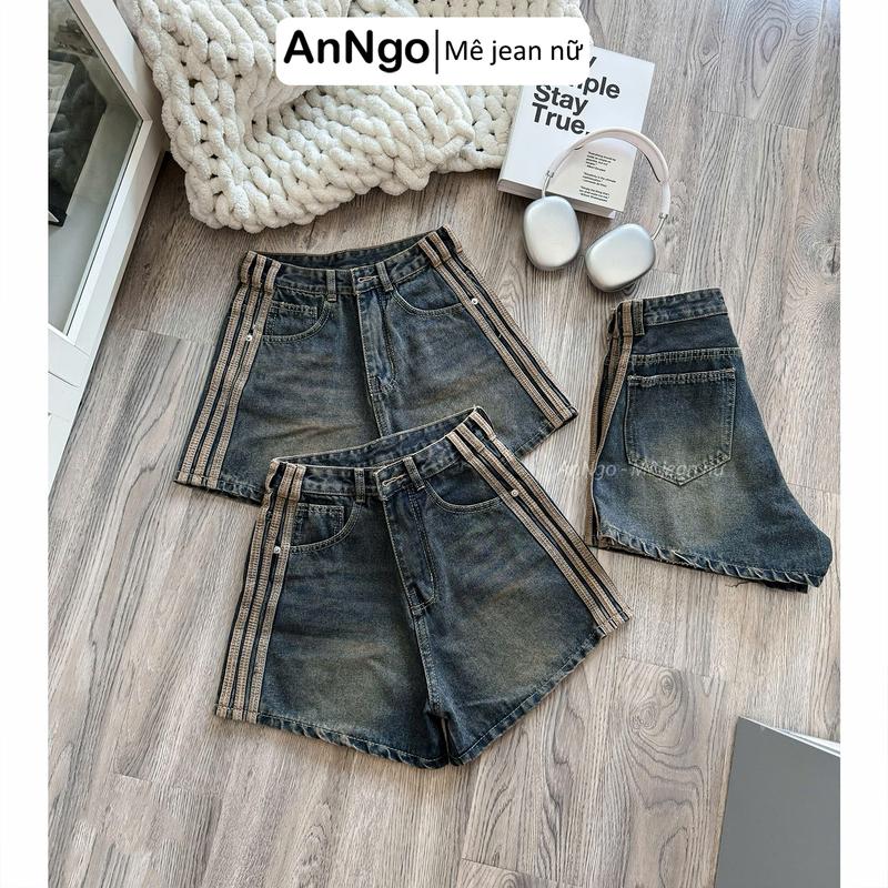 Quần short jean nữ lưng cao, ống rộng không giãn, phối sọc cá tính Anngo - AT520