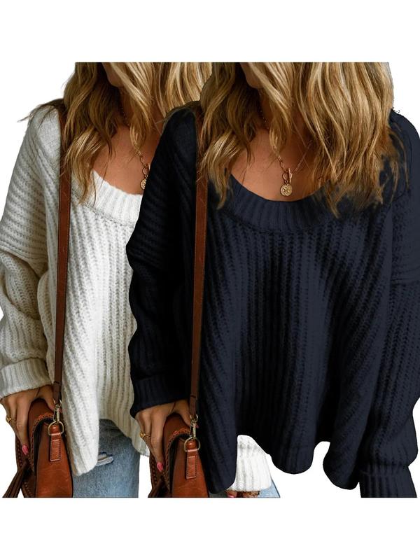 Women's Plain Textured Split Hem Scoop Neck Sweater without Necklace, Casual Drop Shoulder Long Sleeve Jumper for Fall & Winter,  Knitwear for Daily Wear 6