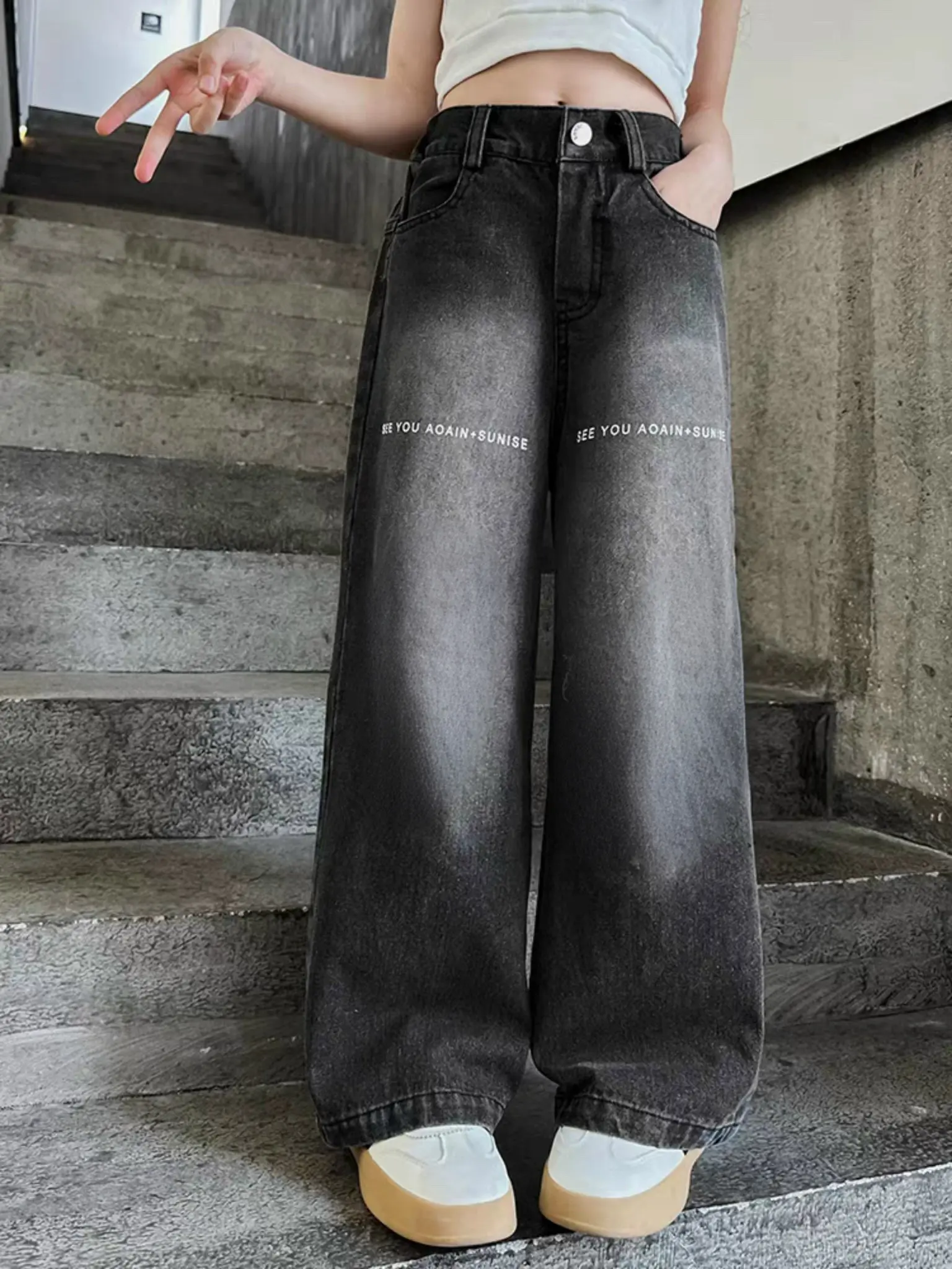 Quần Jean Xuông Trơn Họa Tiết  SEE Trước Giả Cúc Sau  Cạp Chun Cho Bé Gái Ong Women Dáng Suông Sz 11-15 Hàng Việt Nam Pants Pants bò 10 tuổi