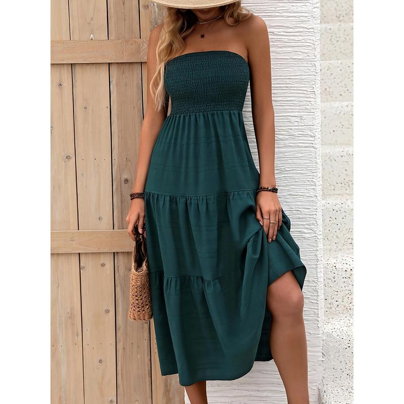 Elegant Off-Shoulder Tiered Dress - Solid Color, Shirred Waist, Machine Washable - Perfect for Spring/Summer 2