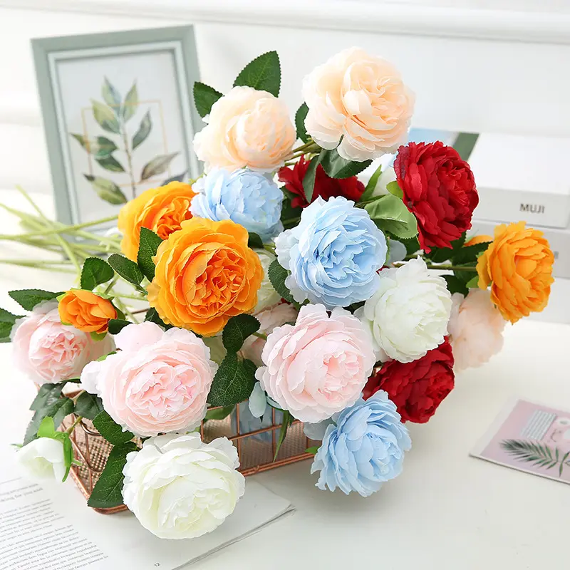 Artificial Rose 3 heads Rose Artificial Flower For Decor Decorative Fruit Plant Plastic Silk Wedding Photo Props Ornaments