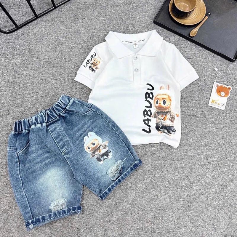 10-30kg- Bộ quần jean đùi áo thun cộc tay màu đỏ - sét áo thun polo quần short jean hình labubu set bé 7