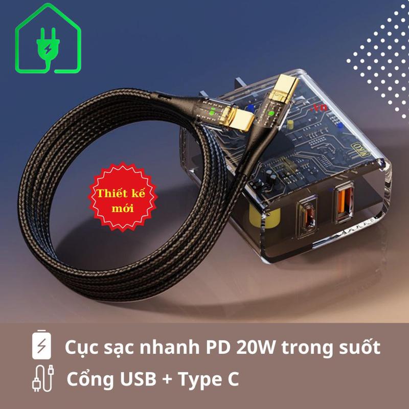 Combo Cục sạc nhanh 20w trong suốt dây sạc nhanh hiển thị công suất sạc 2 cổng USB và type C tiêu chuẩn 3C công nghệ GaN không nóng thiết kế mới Phụ Kiện Phone Sạc Điện Thoại sạcnhanh