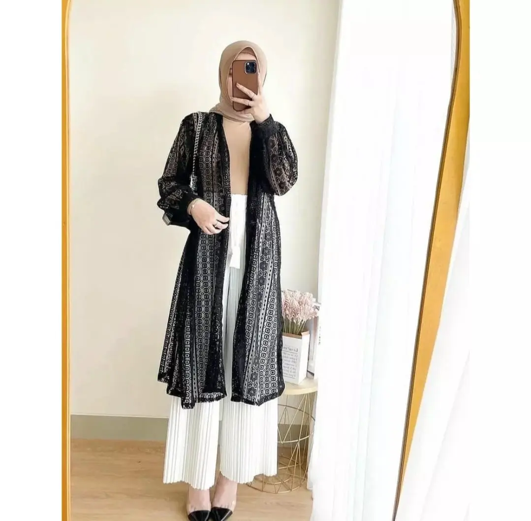 Cardigan Wanita Kekinian Long Outer Cardigan Burkat Panjang Lengan Balon Hitam Atasan