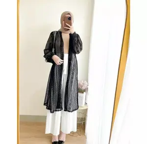 Cardigan Wanita Kekinian Long Outer Cardigan Burkat Panjang Lengan Balon Hitam Atasan
