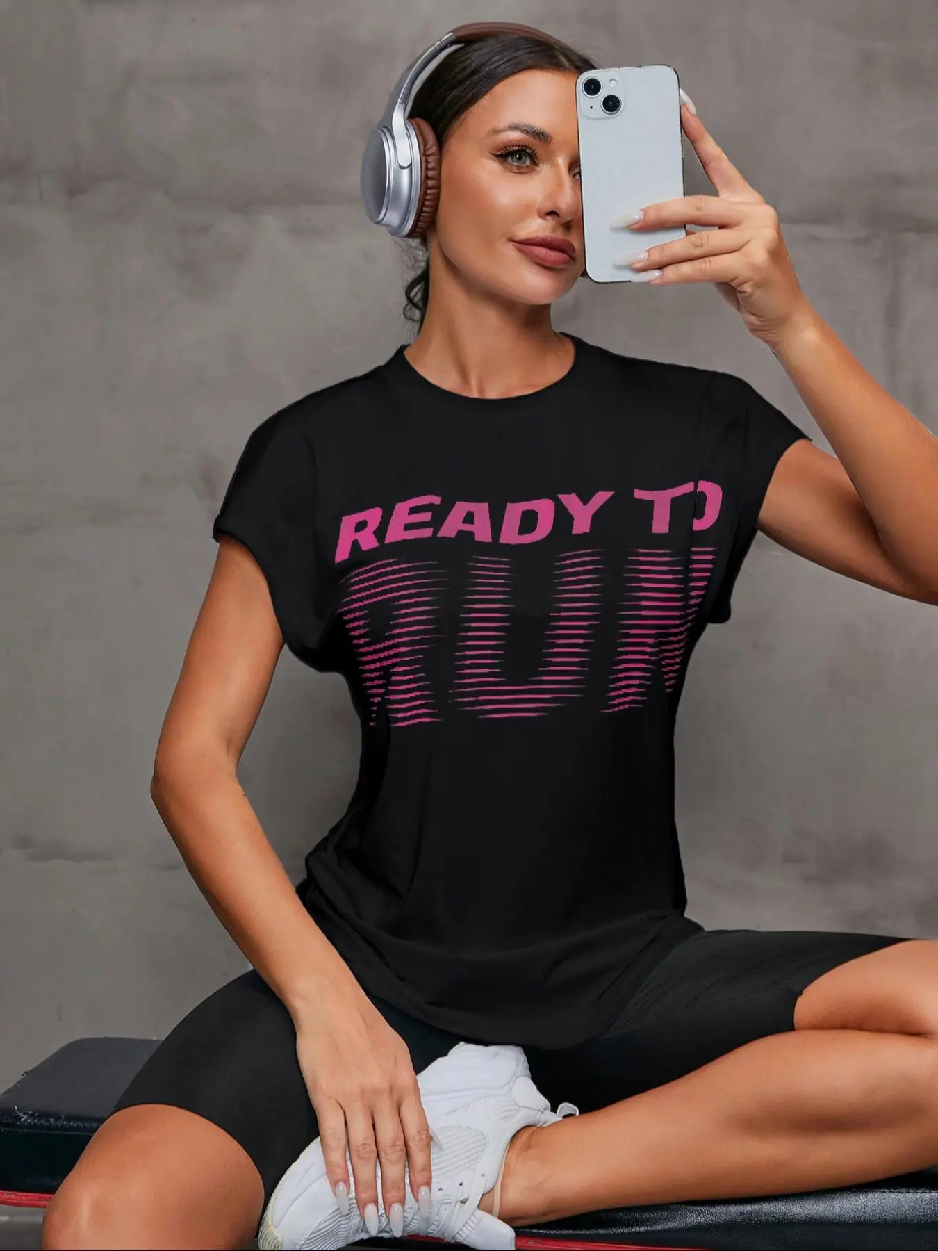 Women's "Ready To Run" Print Round Neck Sports Tee, Sporty Quick Drying Breathable T-shirt for Gym Workout Running, Ladies Sportswear for All Seasons
