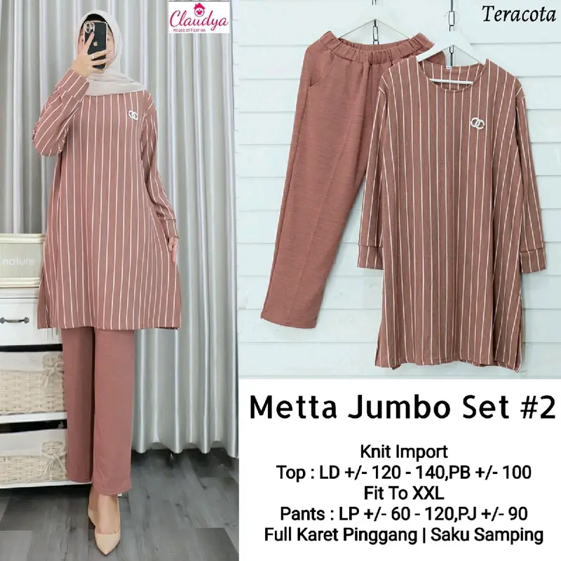Metta jumbo setelan celana dan tunik knit import tebal halus premium by claudya 3