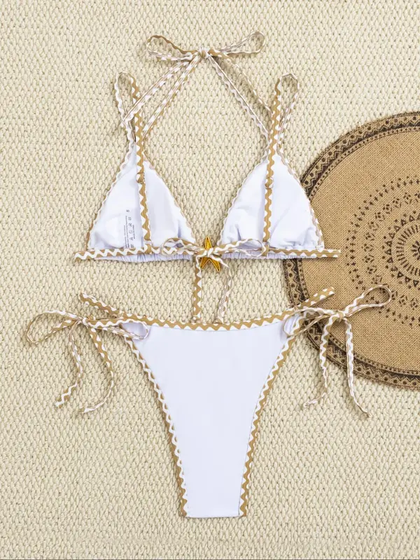 Women's Colorblock & Floral Patchwork Print Bikini Set, Swimming Costume Women, Casual Tie Back Triangle Swim Bra & Tie Side Swim Thong, Two-piece Swimsuit for Women Summer Beach Holiday Vacation Swimming, Bikinis Sets, Bathing Suits, Bikini Outfits 8