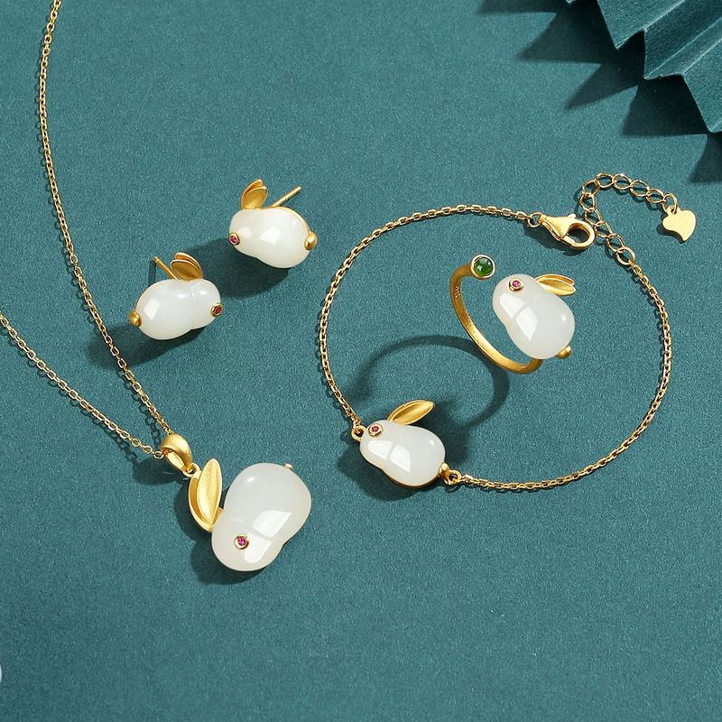 Hetian Jade Hare Pendant S925 Silver Plated Cute Jade Hare Ear Stud Necklace Bracelet Ring Fairy Jewelry Suit 2