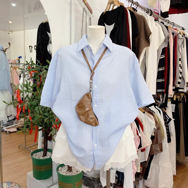 Áo sơ mi nữ kẻ sọc chất Đũi xốp  form rộng cổ bẻ basic đơn giản dễ phối ĐỒ (ẢNH THẬT)