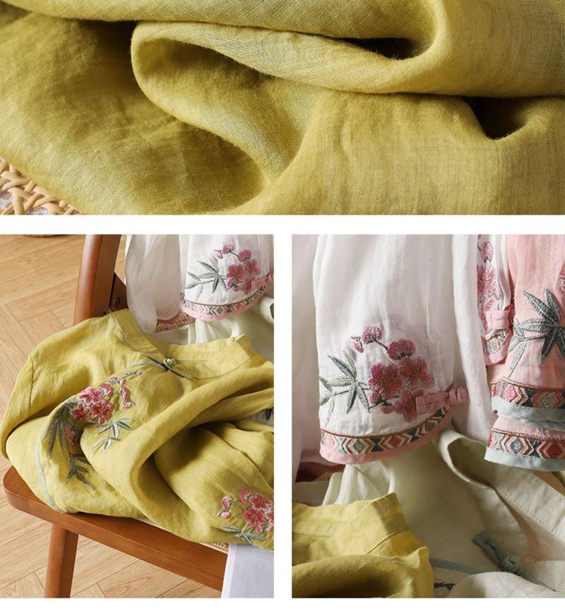 Product Introduction of Áo Cánh Cổ Điển Nút, Cổ Chân Đế, Vạt Nghiêng, Phong Cách Dân Tộc, Thêu Nặng, Làm Bằng Vải Lanh Bông, Tay Áo Ba Phần Tư, Dành Cho Nữ, Hàng Mới Về Mùa Hè 2025 Top Women Sơ Mi 13
