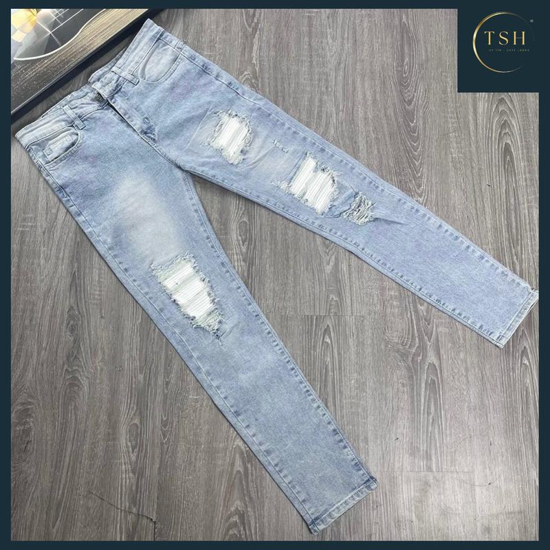 [ TSH ] - Mã Số QJN38 Quần jean nam vá da rách màu XANH có lót da trắng kiểu boy phố,chất liệu jean bò co giãn 4 chiều như hình chuẩn from dáng đủ size ( HÌNH THẬT TỰ CHỤP) Pants Menswear Có Túi