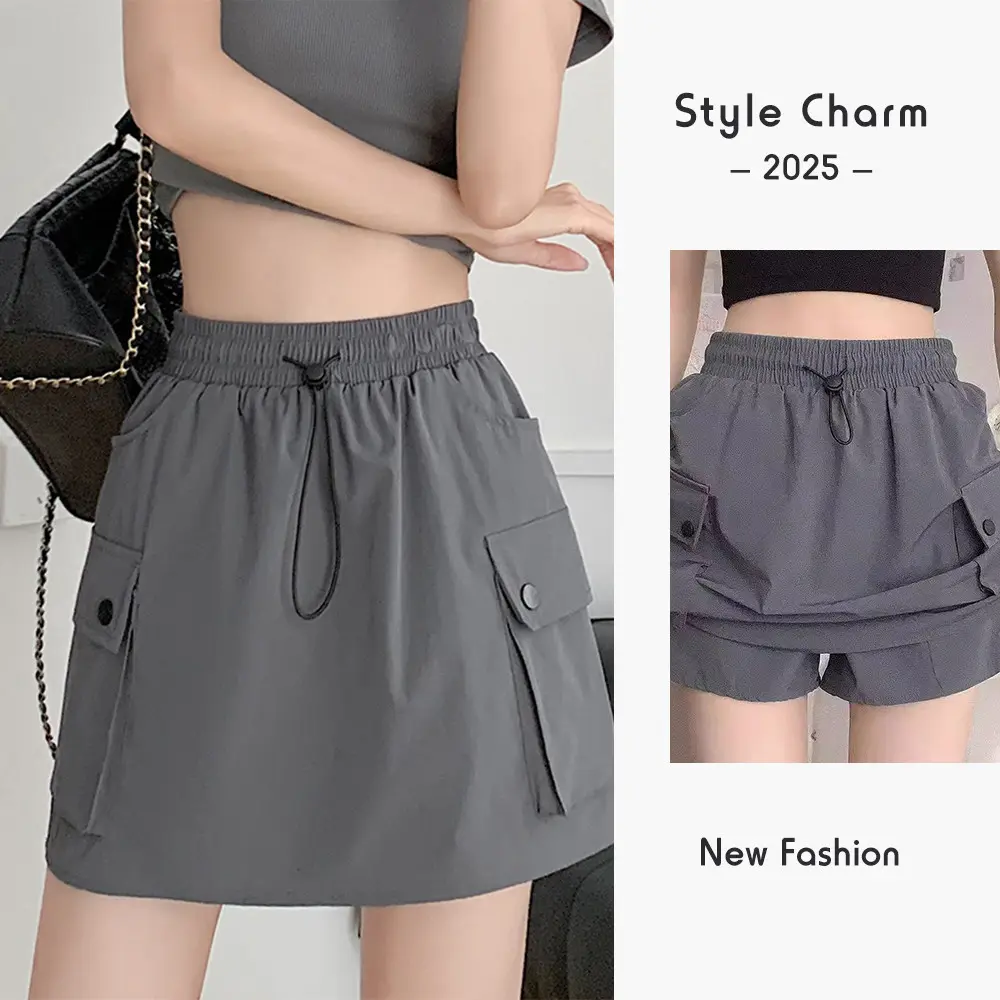 Gray Cargo Skirt Women Quick Dry Drawstring High Waist A Line Mini Shorts Skirt Petite Slim Fit Korean Style