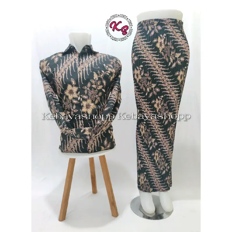 couple kemeja batik panjang dan rok plisket batik Baju Kancing Katun Kondangan Lembut Seragam Wanita Pasangan 6