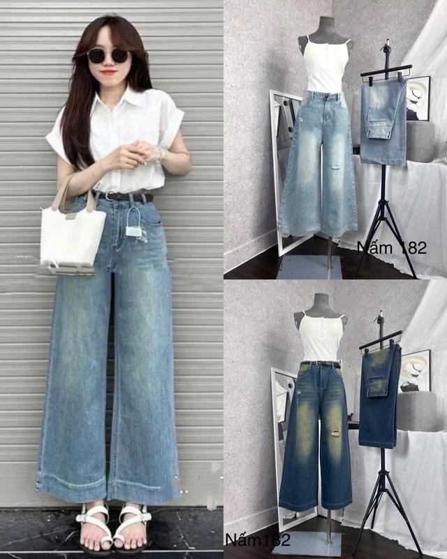 QUẦN NẤM LÙN JEANS NỮ ỐNG RỘNG 30CM  XANH ĐẬM NHẠT RÁCH KIỂU WASH LOANG CÁ TÍNH , CHẤT JEAN DÀY KHÔNG GIÃN LƯNG CAO ỐNG LOE NHẸ DÀI QUẦN 92CM Women Pants Ong