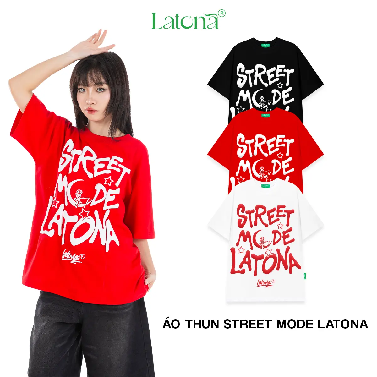 Áo Thun Cotton 250gms LATONA Cổ Tròn form rộng In Phồng STREETMODE Unisex Nam Nữ
