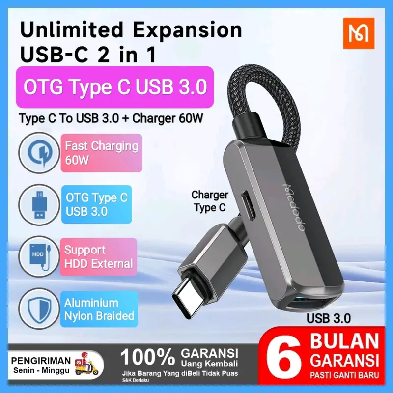 Mcdodo OTG Type C ke USB 3.0 dan Charger 60W Flashdisk Hardisk 2TB 0