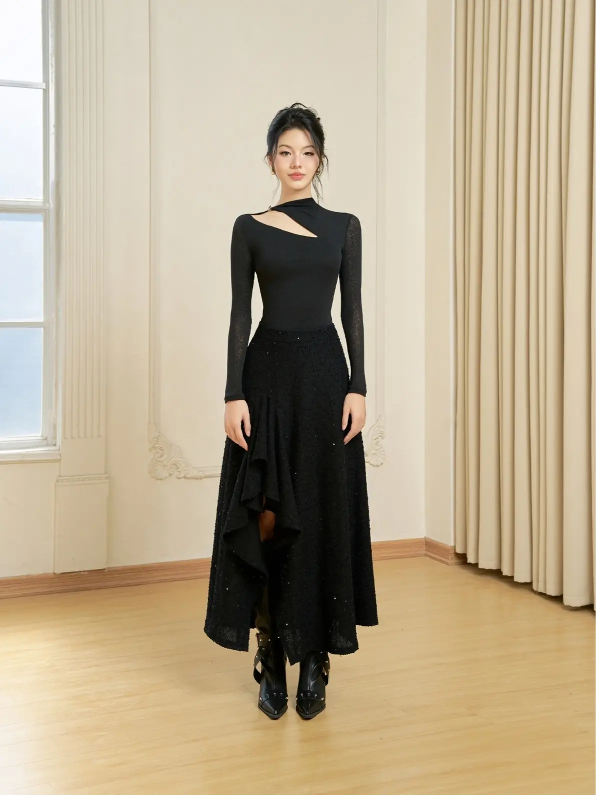 Áo dáng cut-out cúc cài sang trọng Opal Top, Chân váy dạ xẻ đùi Vale Skirt (bán tách set) - N.A Room Nữ Thun set thường