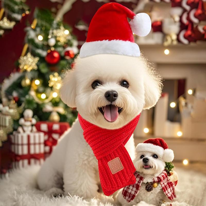 TikTok Shop Dog Christmas Hat Scarf Set for Small Dogs Puppies Cats 2 PCS Adjustable Christmas Dog Santa Hat and Knitted Dog Christmas Scarf Dog Christmas Costume Fall Winter Hat Scarf