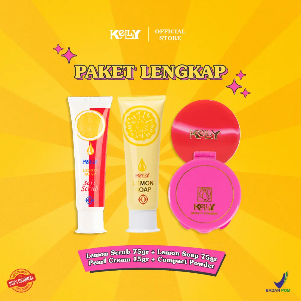 PAKET LENGKAP KELLY L. Soap 75gr + L. Scrub 75gr + Pearl Cream 15gr + Compact Powder