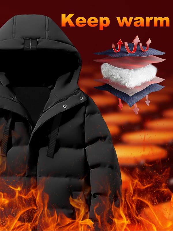 Men's Solid Zip Up Windproof Waterproof Hooded Puffer Coat, Casual Long Sleeve Thermal Outerwear for Winter, Men's Clothes for Daily Wear 2