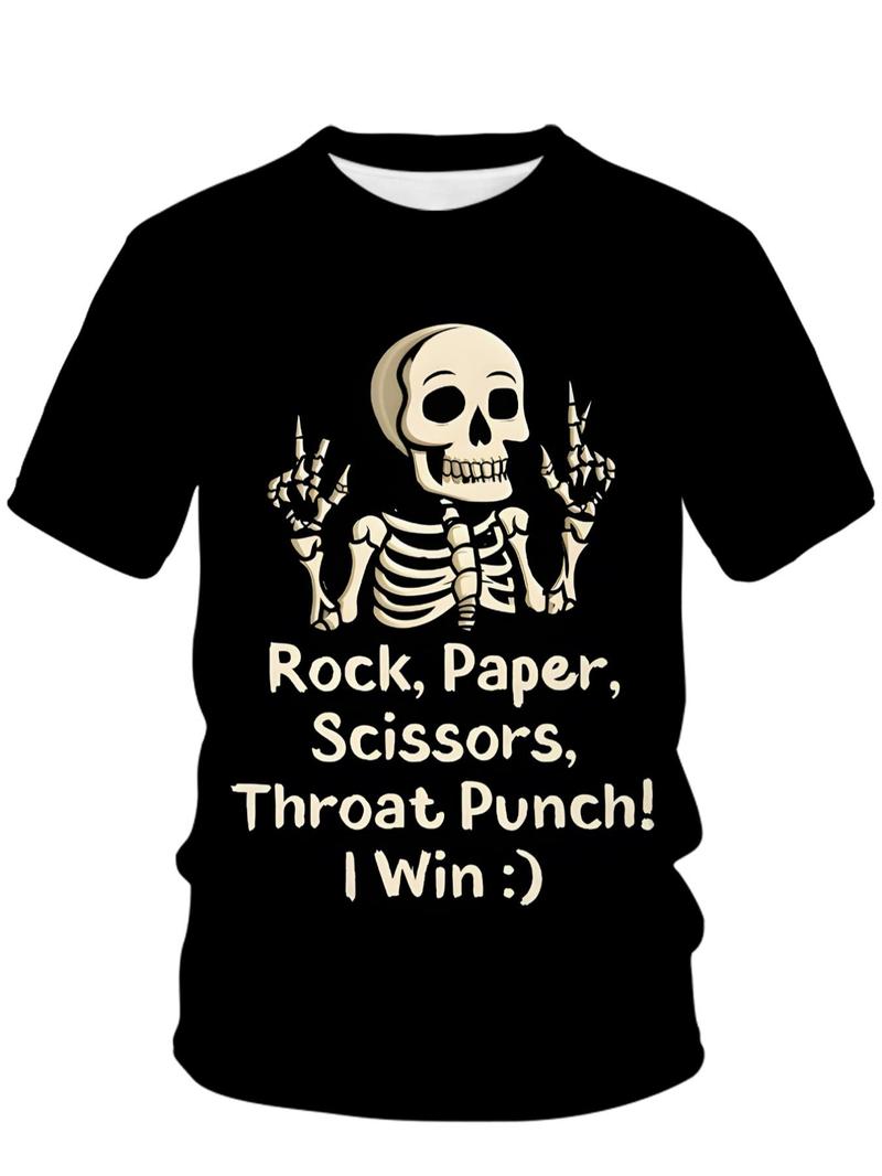 Product Introduction of Plus Size Men's Street Style Skeleton Graphic Print Round Neck Tee, Regular Fit Casual Comfy Street Fashion Short Sleeve Crew Neck T-shirt for Daily Wear, Men's Plus Size Clothing for All Seasons 1