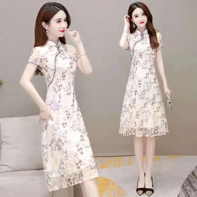 Váy Ôm Sát Eo, Váy Bầu Ôm, Váy Sườn Xám In Họa Tiết Voan Ngắn, Phong Cách Trung Quốc, Thích Hợp Cho Mẹ, Bộ Sưu Tập Năm 2024, 2 Nữ Women Dress