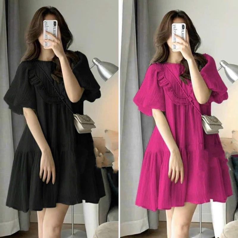 ĐŨI MÁT |  Váy babydoll tay phồng phối bèo đuôi cá dáng ngắn đầm 2 lớp freesize đũi mát Nữ Dress