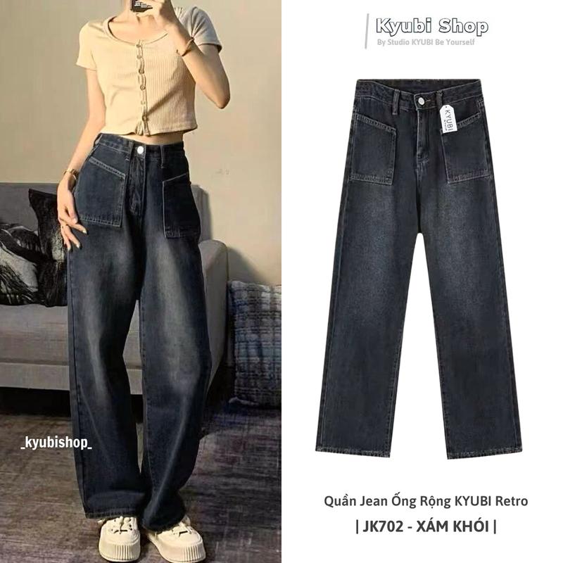 Quần jean nữ ống rộng màu xám khói phong cách Retro Bạc Có Bigsize - Quần jeans baggy suông KyubiJK702 Pants Denim
