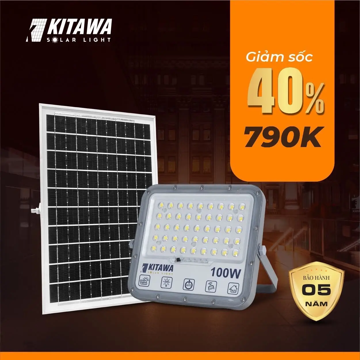 Đèn pha chống chói 100W Năng Lượng Mặt Trời KITAWA chính hãng (DP15.100)