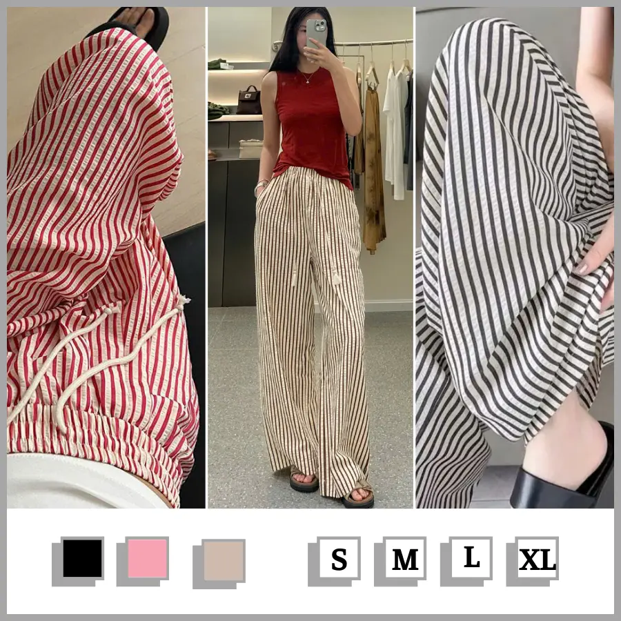 Combo 2 Quần Kẻ Sọc Nữ Ống Rộng Chất Đũi Xốp Thô Nhăn Có Dây Rút Phong Cách Cá Tính Siêu Hot