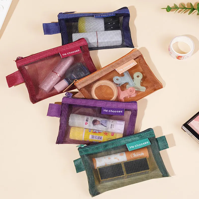 Portable Mini Zipper Bag Multipurpose Mesh Storage Pouch Transparent Stationery Makeup Bag Travel Square Coin Purse Carry Pouch