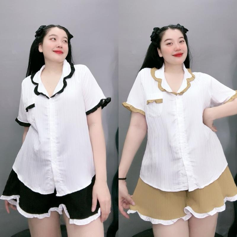 Bộ đùi pijama bigsize nữ vải xốp đũi phối viền xòe mát mẻ dễ thương dành cho các nàng chubby - SET65