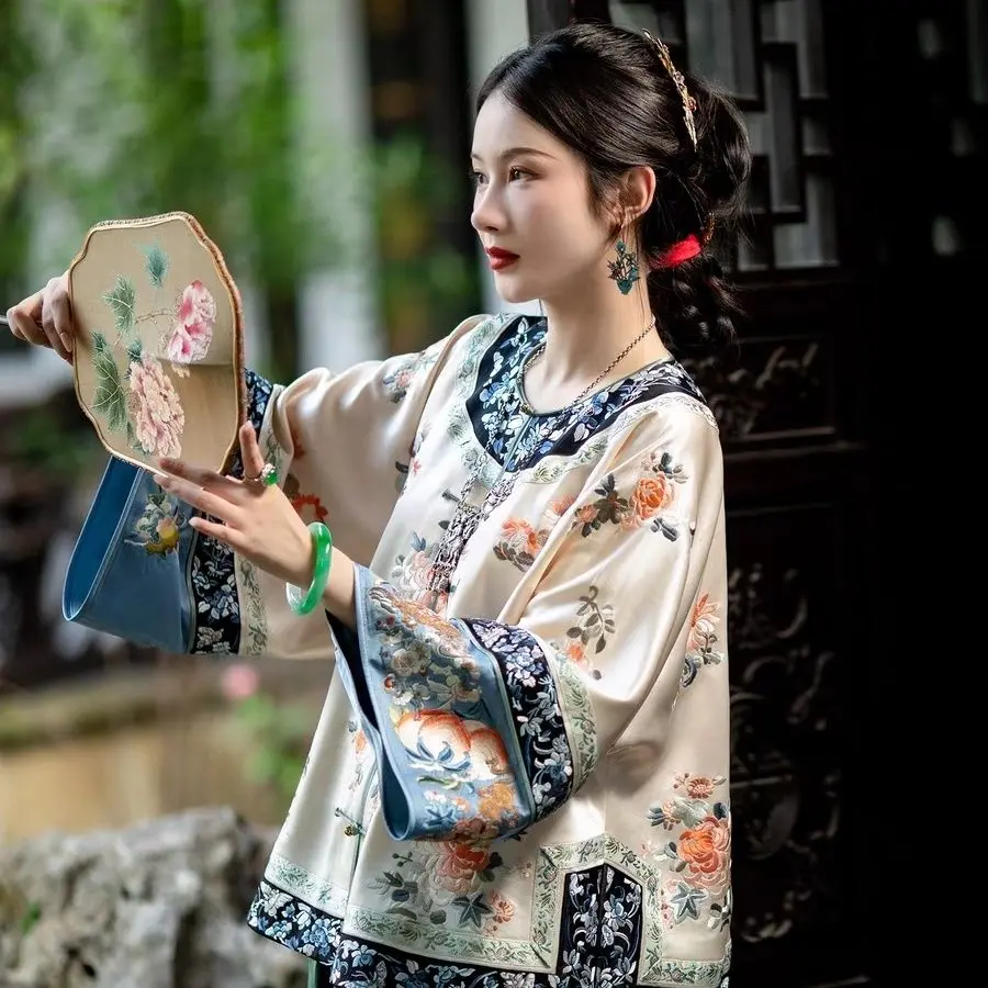 Trang Phục Mùa Thu, Jade Chic, Bộ Sưu Tập Mùa Xuân Và Mùa Thu, Màu Be Và Hoa Mai, Làm Bằng Acetate, Áo Có Ve Áo In Thêu, Tay Áo Lớn, Váy Nữ Thanh Han