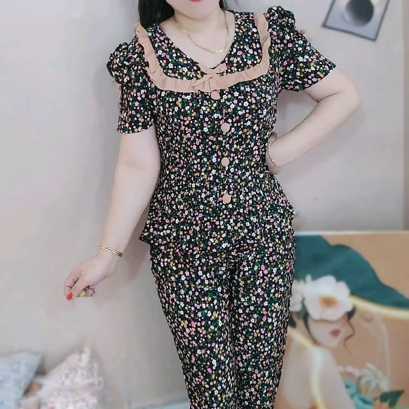 (M6Quần 8 tấc)Đồ bộ nữ áo dập ly tay búp phồng vải lụa hàn nhiều họa tiết Voi ngủ thư tiểu pizamanu 3