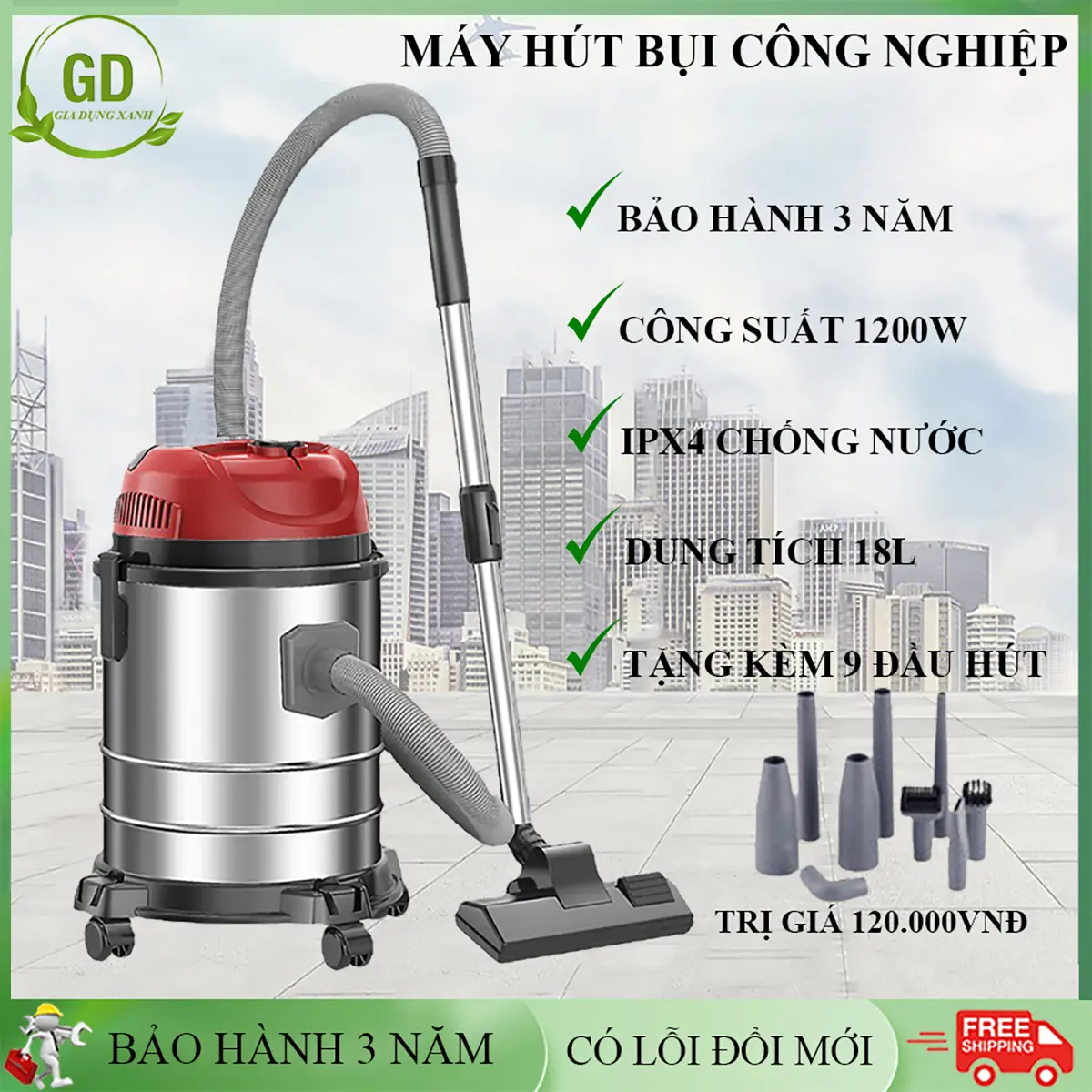 Máy hút bụi công nghiệp đa năng máy hút bụi gia đình tặng kèm 9 đầu hút. Bảo hành 3 năm, đổi mới trong 7 ngày nếu có lỗi.