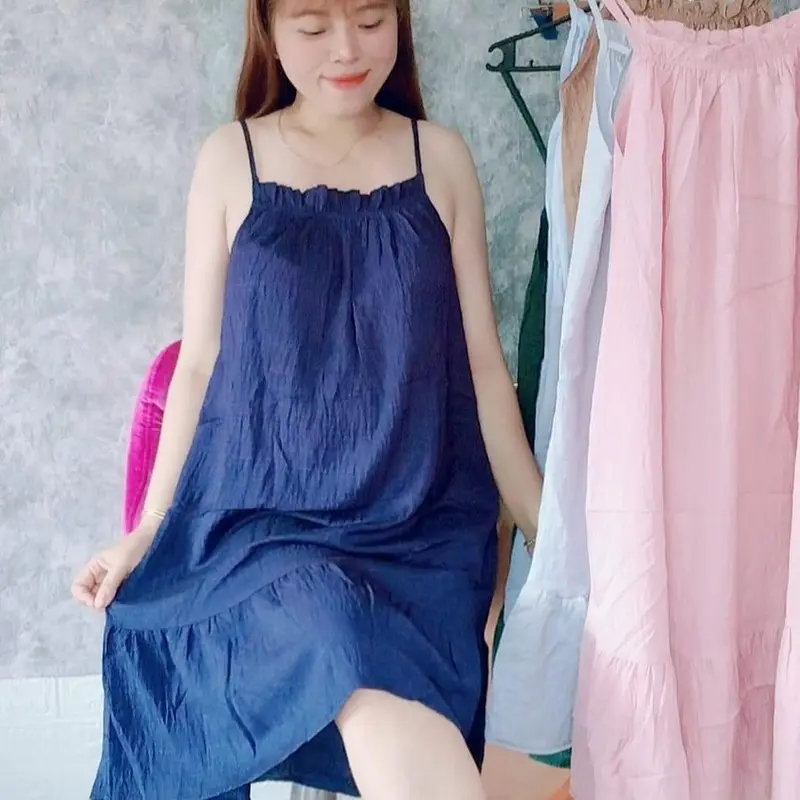 Váy nữ hai dây vải Đũi xốp mềm mát Freesize từ 40-60kg Đầm Women Dress Đỏ Khuy Umi 1