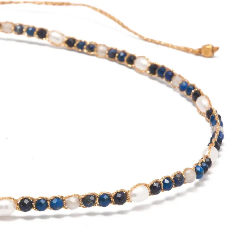 Sky Choker Tali Warna Gold | Kombinasi gemstones lapis lazuli, blue sandstone, labradorite dan blue spinel dan pearl 2