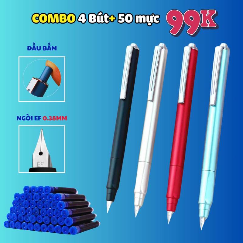 Bút Máy Bấm EF (01) ( Tặng 01 Dưỡng Ẩm ) Cho HS Tiểu Học, Viết êm trơn, Ngòi bền 0.38mm, dùng mực bơm và ống mực 4 màu