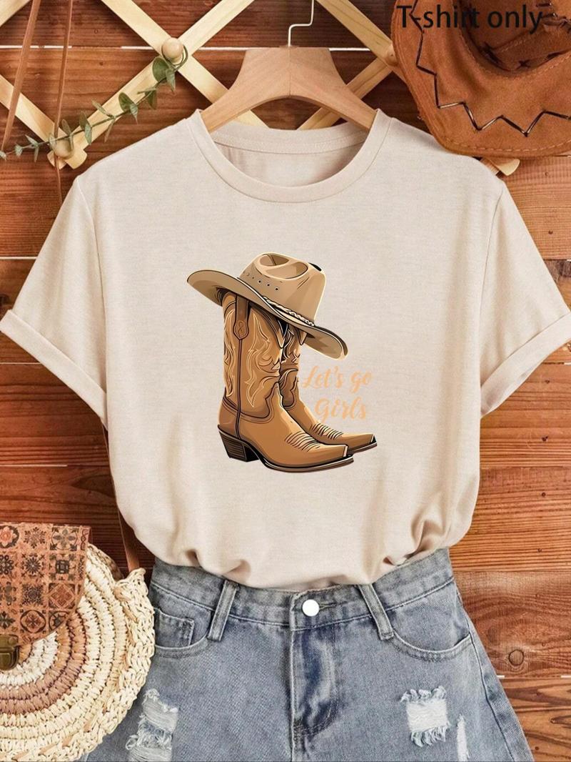 Product Introduction of Women's Letter & Cowboy Hat Print Round Neck Graphic Tee, Vintage Trendy Casual Short Sleeve T-shirt for Daily Wear, Ladies Summer Clothes, Western Clothing 12